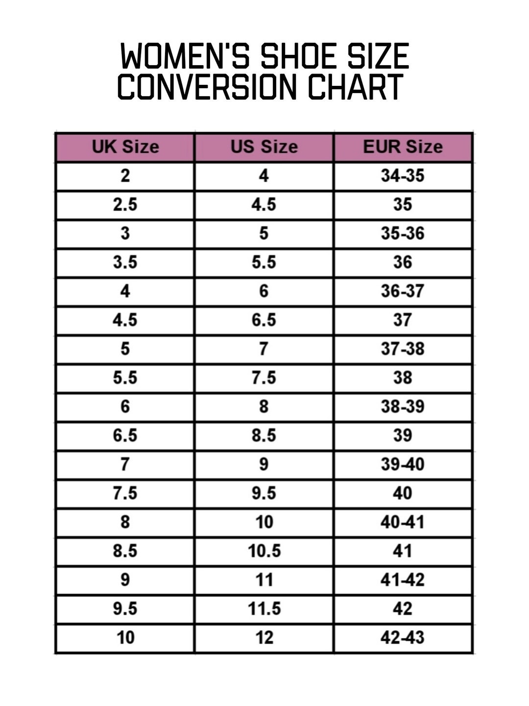 Women 39 s Shoe Size Conversion Chart Shoe Guide Size Guide Instant 