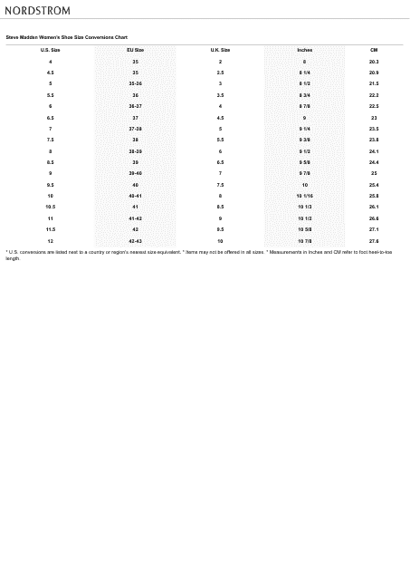 Women 39 s Shoe Size Conversions Chart Steve Madden Download Printable 