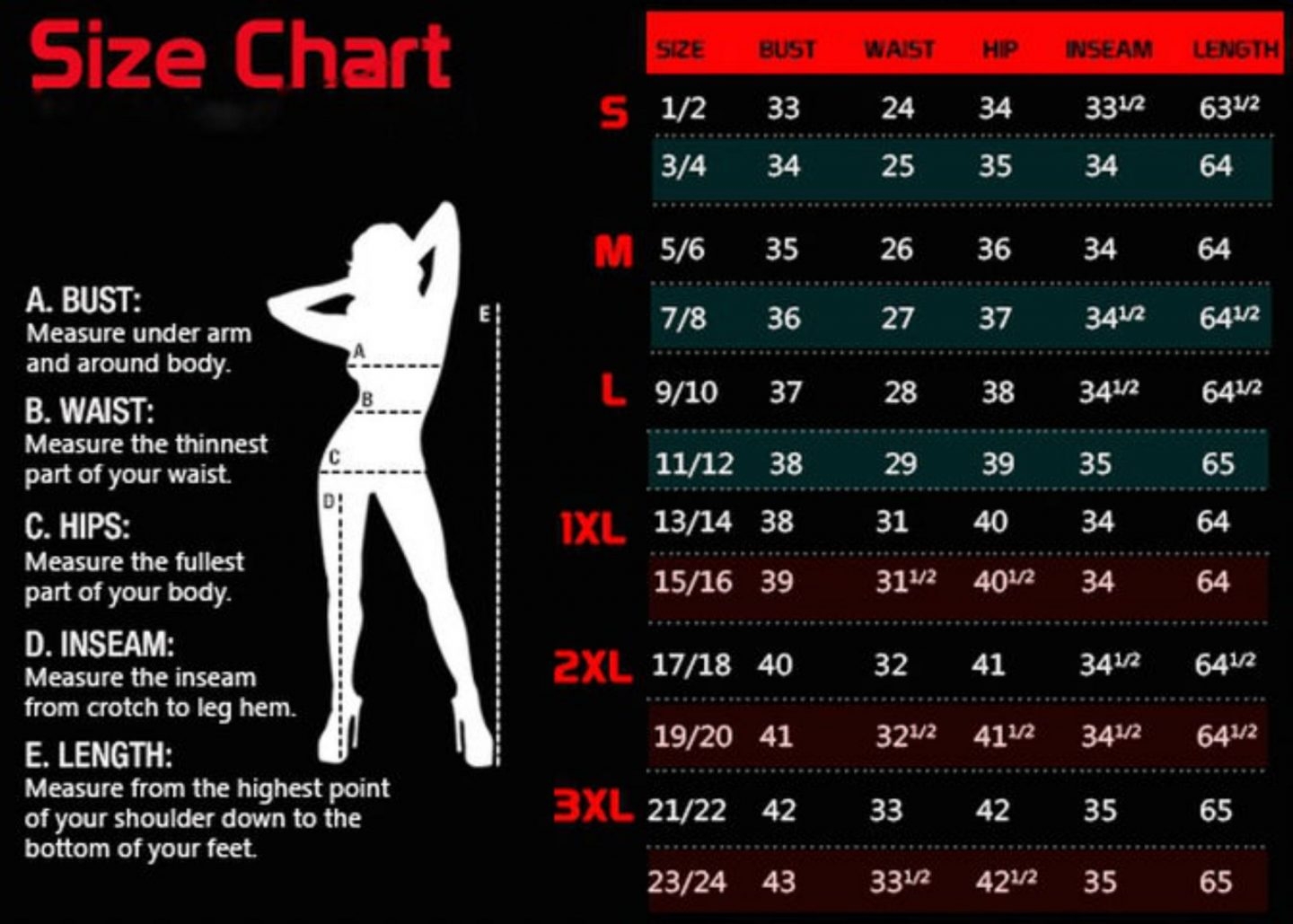 female clothing size chart