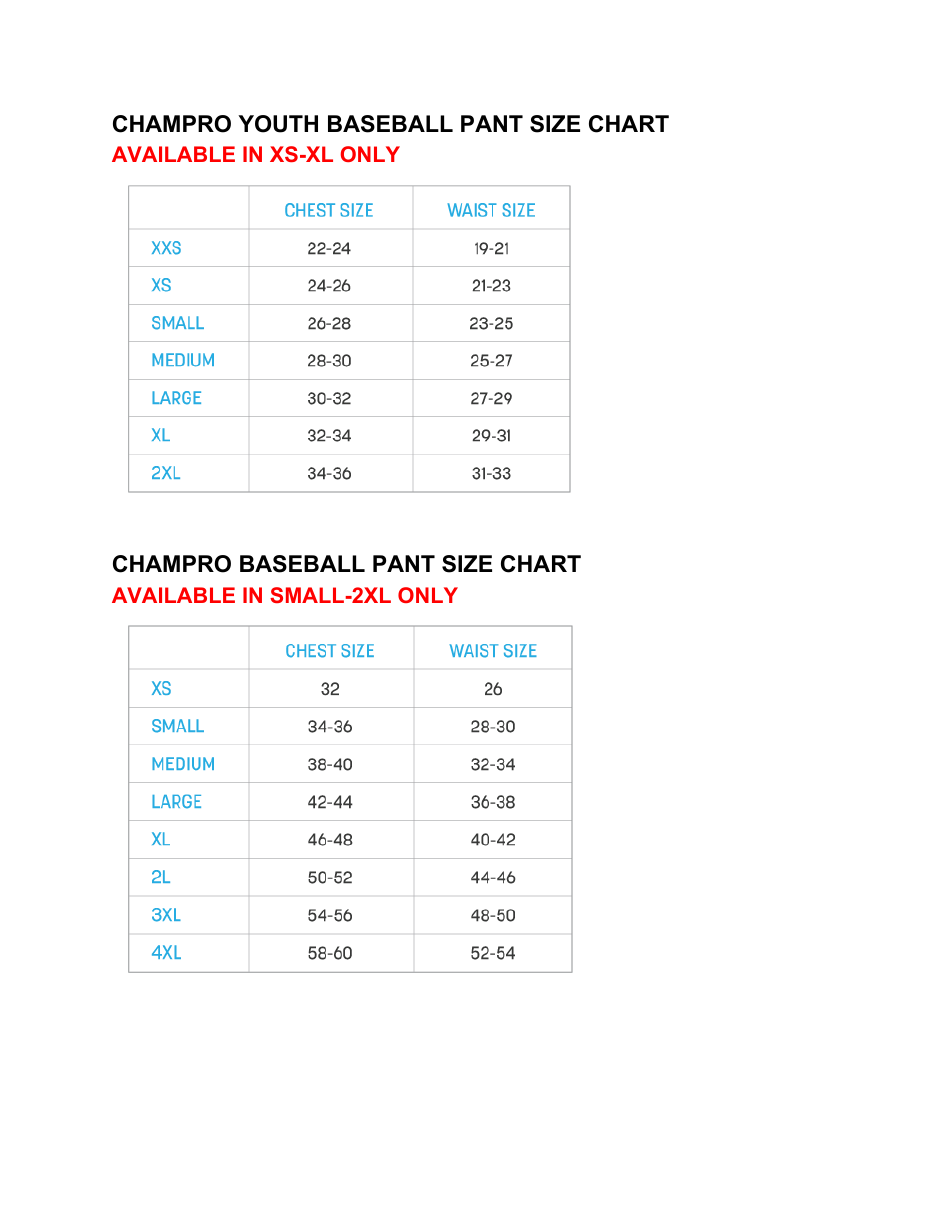 Youth Adult Baseball Pants Size Chart Champro Download Printable 