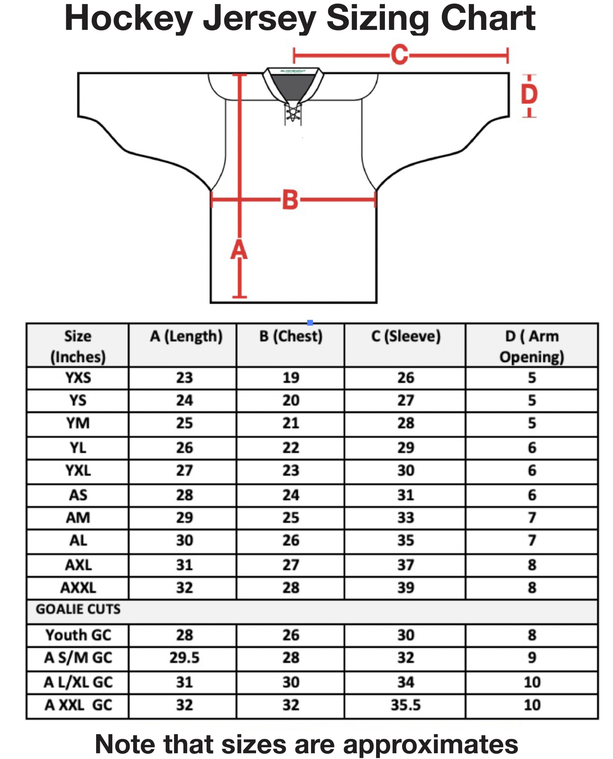 nhl jersey size chart