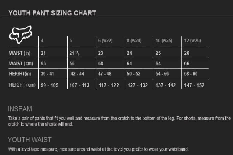 Youth Pants Size Chart A Visual Reference Of Charts Chart Master